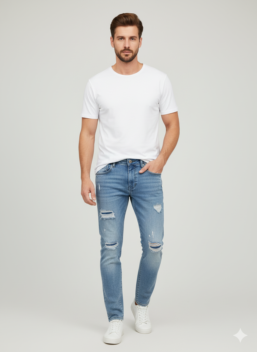 light blue ripped straight fit jeans